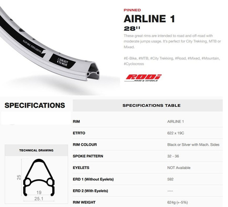 Obręcz 28" x 36H H-25 mm Airline 1 622x19C Silver