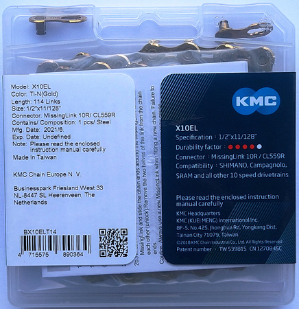 Łańcuch 10rz. KMC X10EL Ti-N Gold 114og. Box